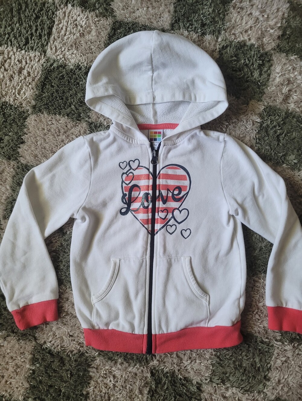 healthtex White Zip Hoodie with Coral Trim and Heart 'Love' Graphic